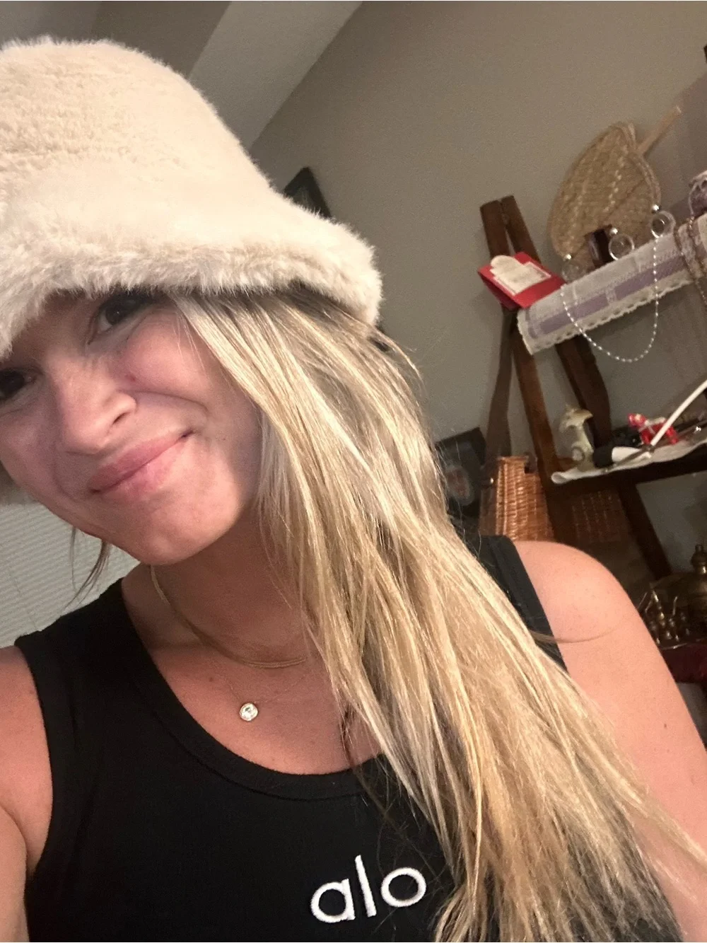 Source Unknown Beige Faux Fur Bucket Hat with Gold Logo Pin